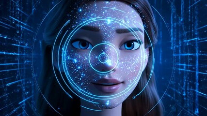 Digital facial scan of an animated woman with glowing blue lights and concentric circles for secure Biometric Identity Verification, symbolizing advanced technology and security. - Powered by Adobe
