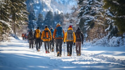 A group of friends enjoying a winter hike on a snowy trail surrounded by snow-covered trees on a sunny day