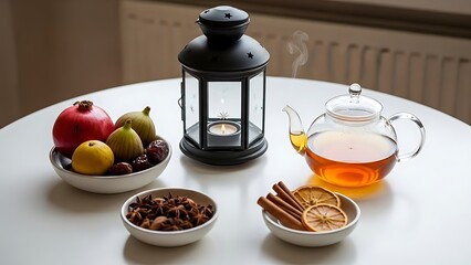 Cozy Tea Setting with Fresh Fruit and Spices