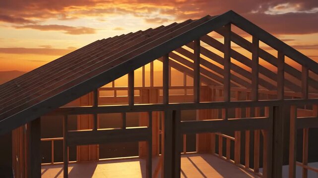 Wooden framework of a house under construction, showcasing the structural design and architectural elements.