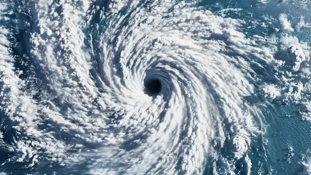 A satellite image of a massive storm swirling over the ocean, with a clear eye at its center surrounded by thick, white clouds and blue waters