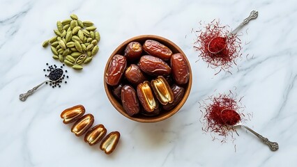 Dates and Spices on Marble Surface