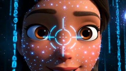 Digital face scan highlights Biometric Identity Verification on an animated woman, featuring a futuristic target and glowing data points, amidst a matrix of code and secure technological processes. - Powered by Adobe