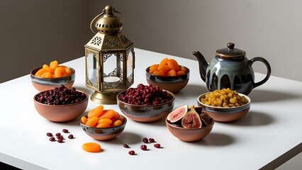 Assortment of Dried Fruits and Tea on White Table