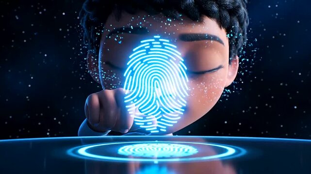 Young cartoon boy engaging with futuristic biometric identity verification technology, revealing his unique digital fingerprint for secure access.