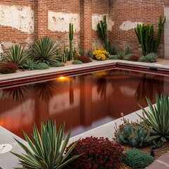 Vibrant desert flora flourishes around a tranquil, reddish-hued swimming pool, reflecting the warm