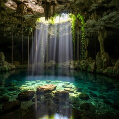 Sunlight streams through a cavern ceiling, illuminating a crystal-clear cenote with hanging vines