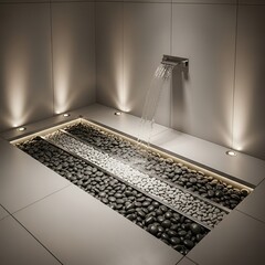 A minimalist indoor water feature with a modern faucet cascading water over smooth, contrasting