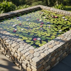 Serene stone-edged water feature gracefully displays vibrant pink and white water lilies floating