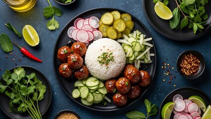 Asian Style Meatballs with Rice and Vegetables