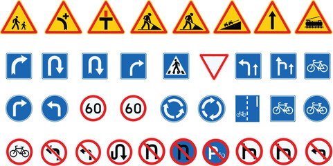 Road traffic signs collection with warning mandatory prohibition symbols, colorful transportation signage icons set, flat vector illustration isolated © Itz Marjia