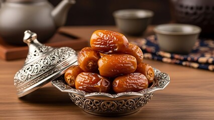 Dates in Ornate Metal Dish on Wooden Table