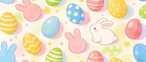 Cute Easter background with soft illustrated-style eggs and bunny shapes in bright pastel colors. Playful spring mood with clean copy space for seasonal designs