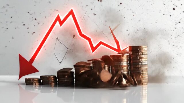 Stacks of coins with a red arrow pointing downwards, symbolizing financial loss.