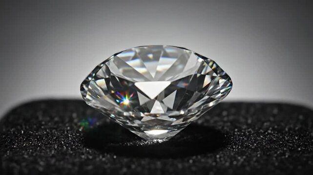 Close-up of a brilliant cut diamond, showcasing its facets and sparkle on dark surface.