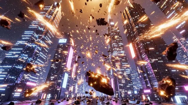 A futuristic cityscape with a massive explosion or asteroid impact, causing destruction and chaos. Buildings are tall and densely packed, with bright lights and dark debris flying everywhere