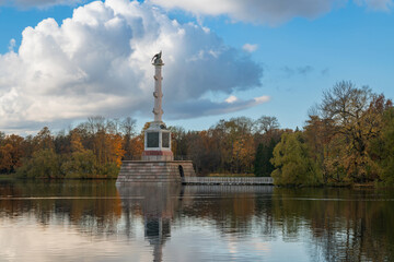 The Chesme Column in the center of the Great Pond in the Catherine Park of Tsarskoye Selo on a sunny autumn day, Pushkin, Saint Petersburg, Russia