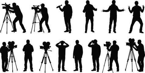 Professional camera operator silhouettes with equipment, film crew and television production set for broadcast media, journalism and cinematography concept.