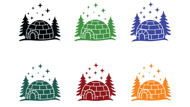A colorful illustration of igloos in different colors and snow scene