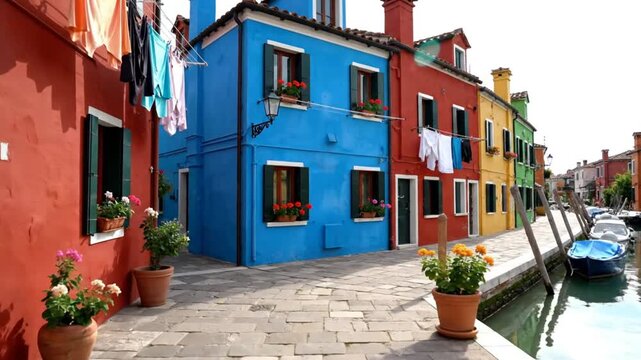 Colorful waterfront buildings along a cobblestone street with canal in Burano, Venice, Italy