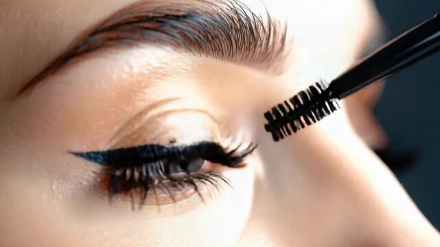 Close-up of woman applying black mascara to her long eyelashes