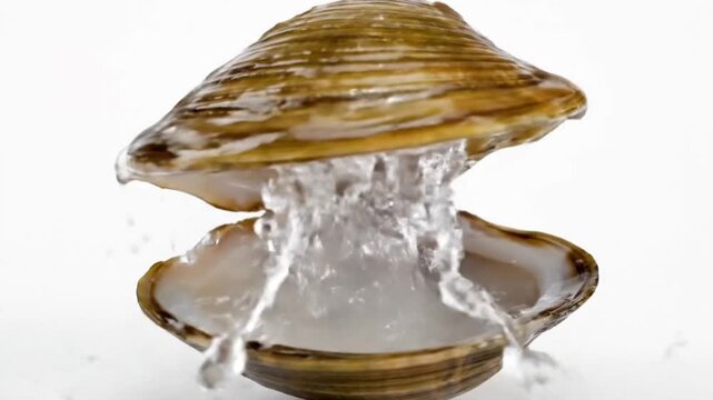 A meticulously detailed close-up shot captures the exquisite beauty of an open mollusk shell set against a pristine white background. A single, glistening water droplet hangs suspended from the upper 