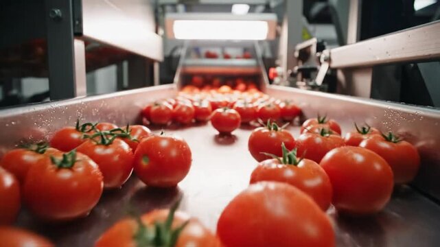 Ripe red tomatoes moving along a production line in a food processing factory ready for sorting and packaging
