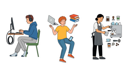 Diverse Occupations: Programmer, Student, Barista - Illustration