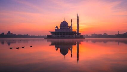 Mosque at Sunset on Serene Lake