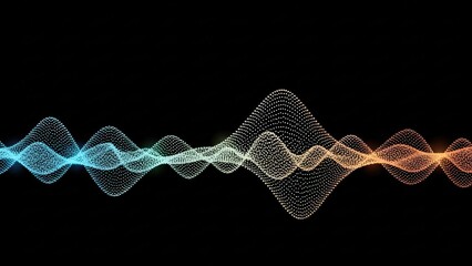 Abstract digital sound wave visualization with glowing mesh dots and color gradient on a black background.