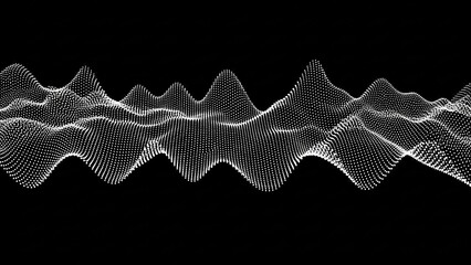 Abstract digital wave pattern of white dots on a black background, representing data visualization or sound frequency.
