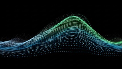 Abstract digital wave pattern of glowing blue and green particles on a dark background, representing data visualization or sound waves.