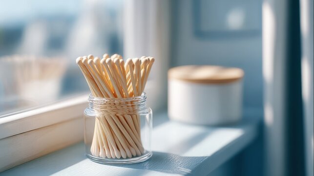 Bundle of wooden toothpicks in a transparent jar placed on a windowsill with a white container in the background and soft natural light illuminating the scene