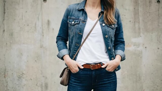 A stylish individual stands in a relaxed pose against a textured concrete wall, showcasing a modern, casual fashion aesthetic. The person wears a classic denim jacket over a white t-shirt, dark blue j