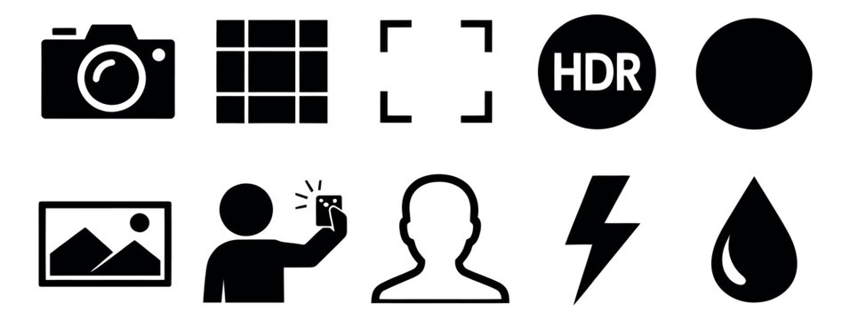 Minimalist photography icon set featuring camera, grid, selfie, flash, and HDR symbols for user interface and web design