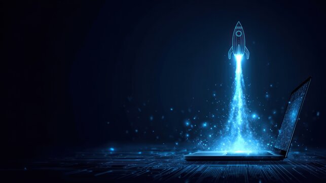 Digital rocket launching from laptop screen over dark blue background