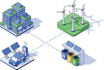Obraz premium Clean energy smart city infographic illustration, solar buildings wind turbines electric vehicle charging recycling, sustainable future concept