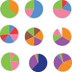 Fototapeta premium Colorful pie chart infographic set, circular data visualization graphs, modern flat design statistics templates for business analytics presentations isolated on white