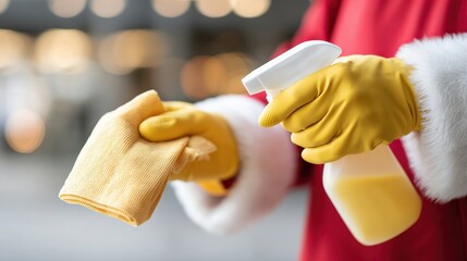 Santa's helper in red outfit wearing yellow gloves holds a spray bottle and cloth, preparing to clean a surface in a festive setting with copy space