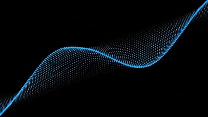 A flowing blue wave pattern made of small dots on a dark background, representing abstract digital data or sound visualization.