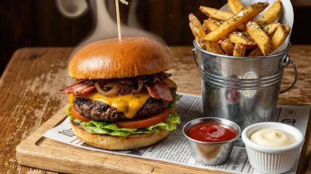 A tantalizing, gourmet-style beef burger is exquisitely presented on a rustic wooden serving board, featuring a thick patty, perfectly melted cheddar cheese, crispy bacon strips, sweet caramelized oni