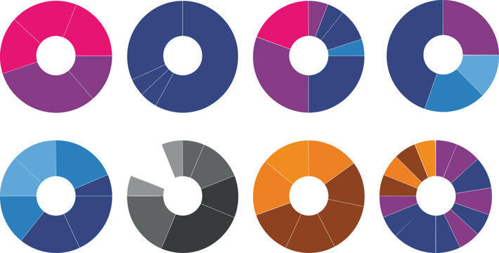 Colorful donut chart infographic set, circular pie charts collection, data visualization elements, business analytics statistics design