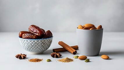 Dates and Almonds in Ceramic Bowls with Spices