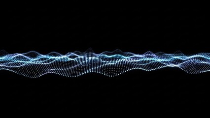 Abstract blue digital wave pattern of glowing particles on a dark background, representing data flow or sound visualization.