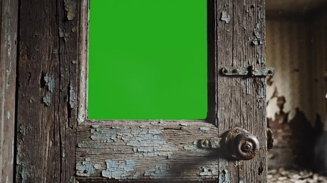 Weathered wooden door with flaking paint and green screen for background replacement in old building interior