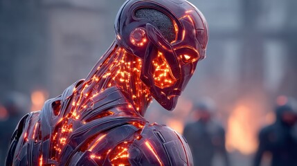 A sophisticated, futuristic robot stands in a dramatic scene, its metallic body highlighted by vibrant, glowing red energy.