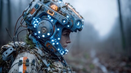 A futuristic figure in a weathered, technological helmet gazes thoughtfully into a misty forest.