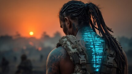A person with dreadlocks and intricate tattoos, backlit by a vibrant sunset, displays glowing, futuristic designs on their back.