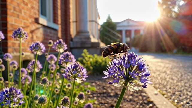 Hoverfly on a vibrant purple flower in a sunny outdoor setting with a historical building and bright sun flare