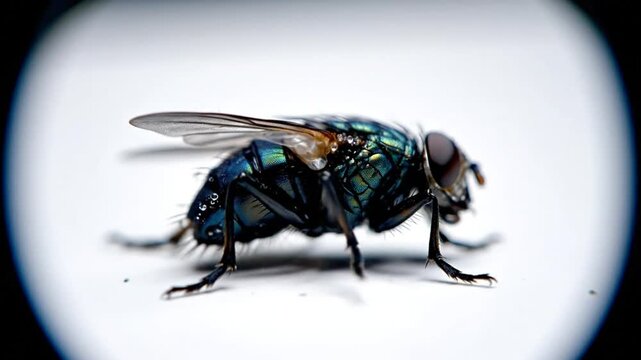 Close-up of a vibrant fly with iridescent body and large compound eyes crawling on a white surface